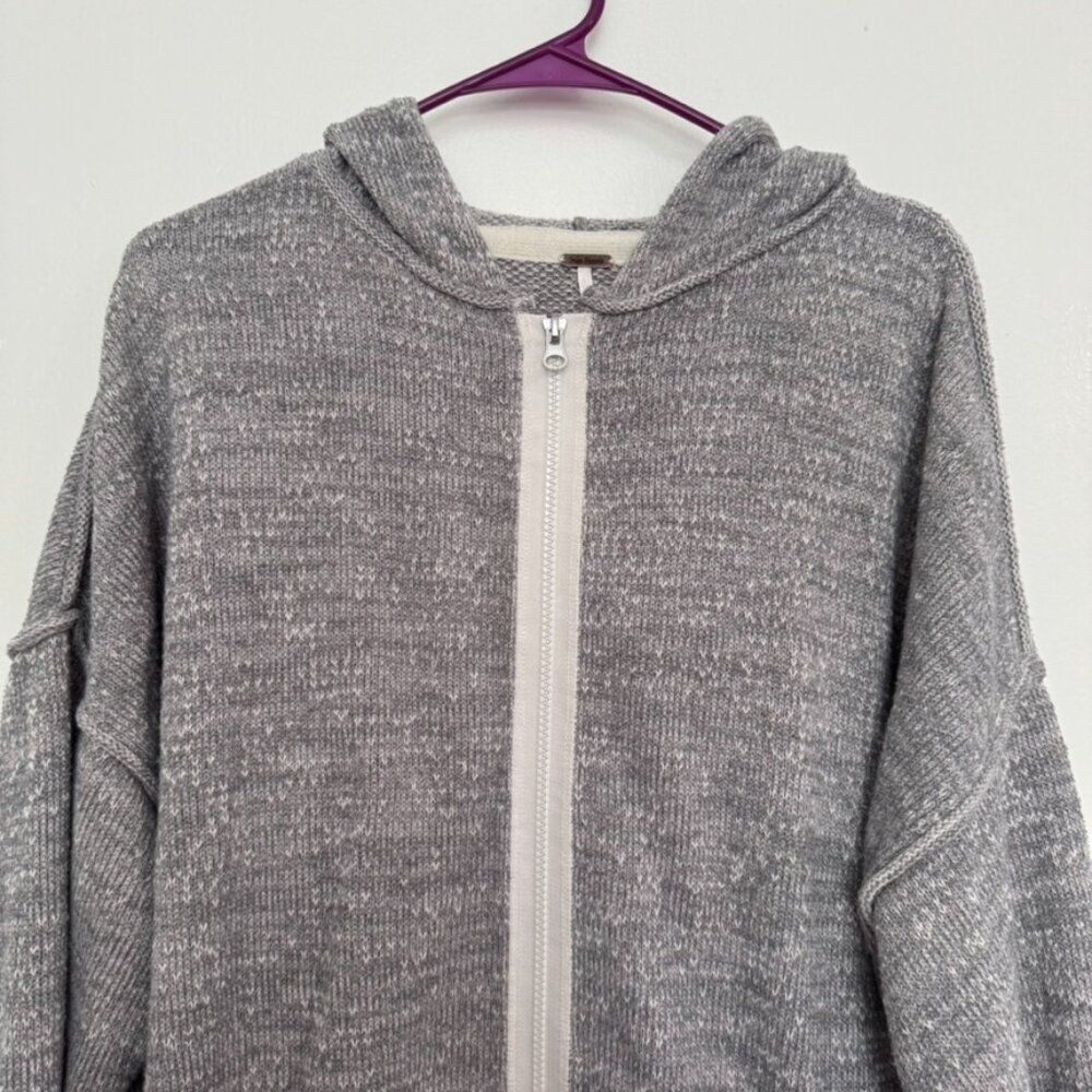 Free People Sz M In Bloom Knit Hoodie Sweater Gray White Oversized Full Zip Boho - Picture 3 of 15